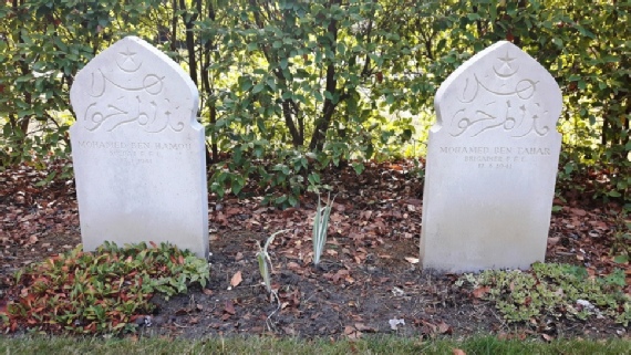 The graves of Mohamed Ben Hamou and Mohamed Ben Tahar in the Free French section of the Brookwood Military Cemetery.