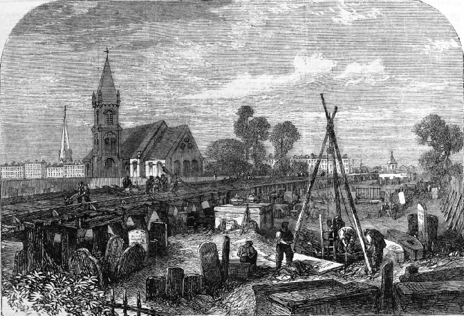Railway works in St Pancras Churchyard, 1866